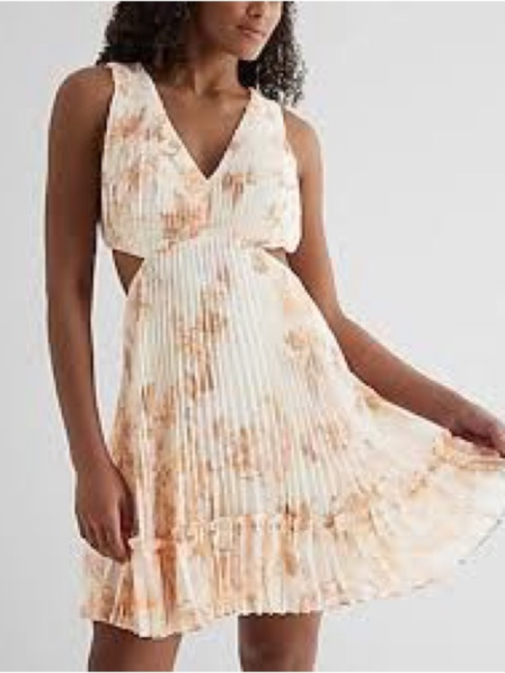 Sleeveless V-Neck Pleated Tie-Dye Mini Dress - White & Tan and Orange